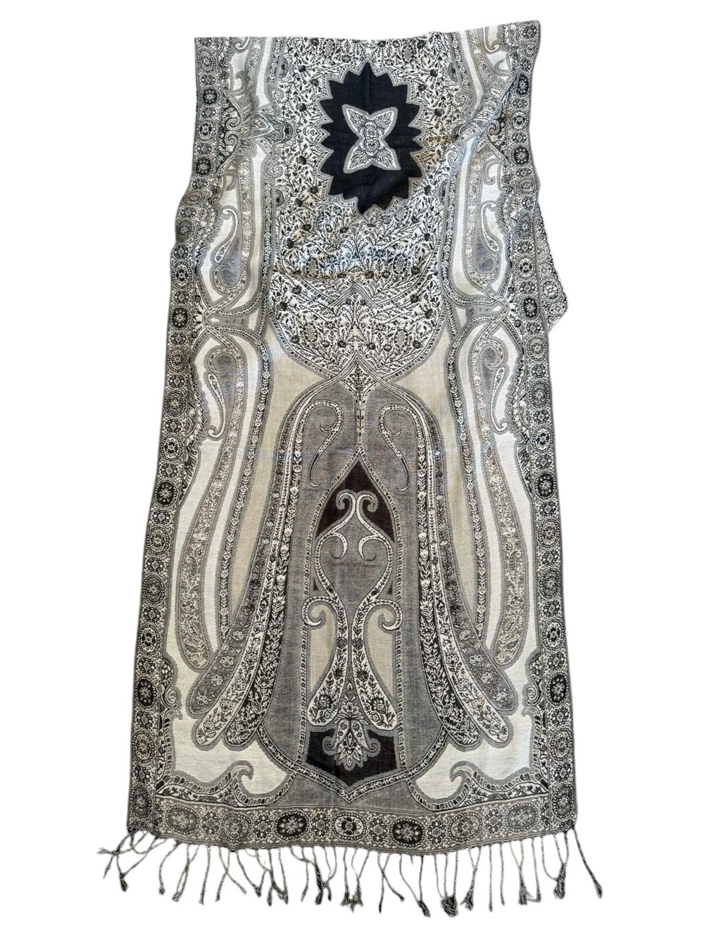 Women’s tassel shawl pashmina wrap scarf in gray & black paisley’s 79.5 x 21.5